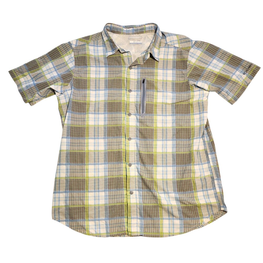 Columbia Short Sleeve Shirt Green Blue Plaid Nylon Vented Zip Pocket Mens XL